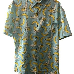 Playful Banana Print Men's Shirt - Blue and Yellow